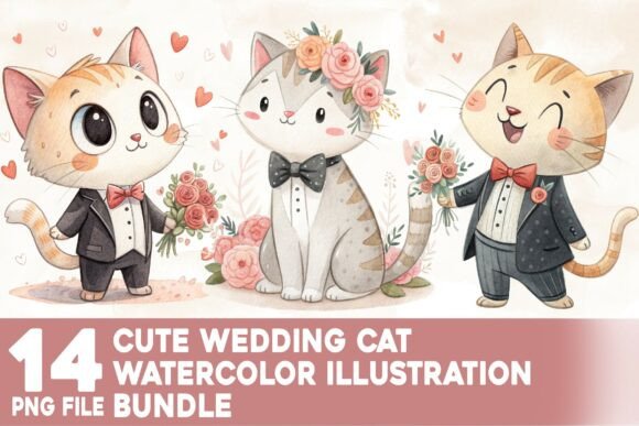 Cute Wedding Cat Watercolor Bundle: Whimsical Design Assets