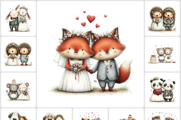 Kawaii Animal Wedding Couples Clipart 40: A Designer's Delight
