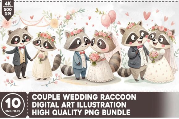 Wedding Raccoon PNG Bundle: A Whimsical Design Asset